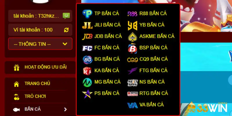 Nhiều lựa chọn chơi bắn cá từ các nhà cung cấp game danh tiếng
