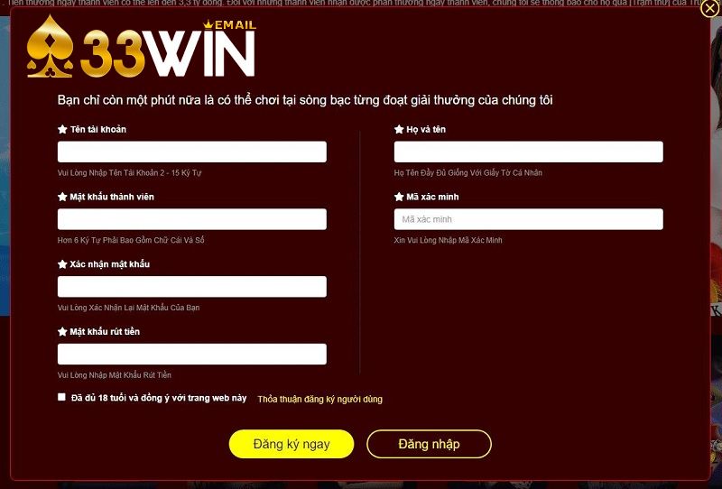 Biểu mẫu đăng ký 33Win cho người chơi chưa cho tài khoản